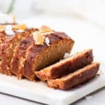 Banana cake sliced on board