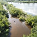 Boat on river surrounded by trees