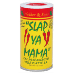 Yellow and red container of Slap Ya Mama seasoning